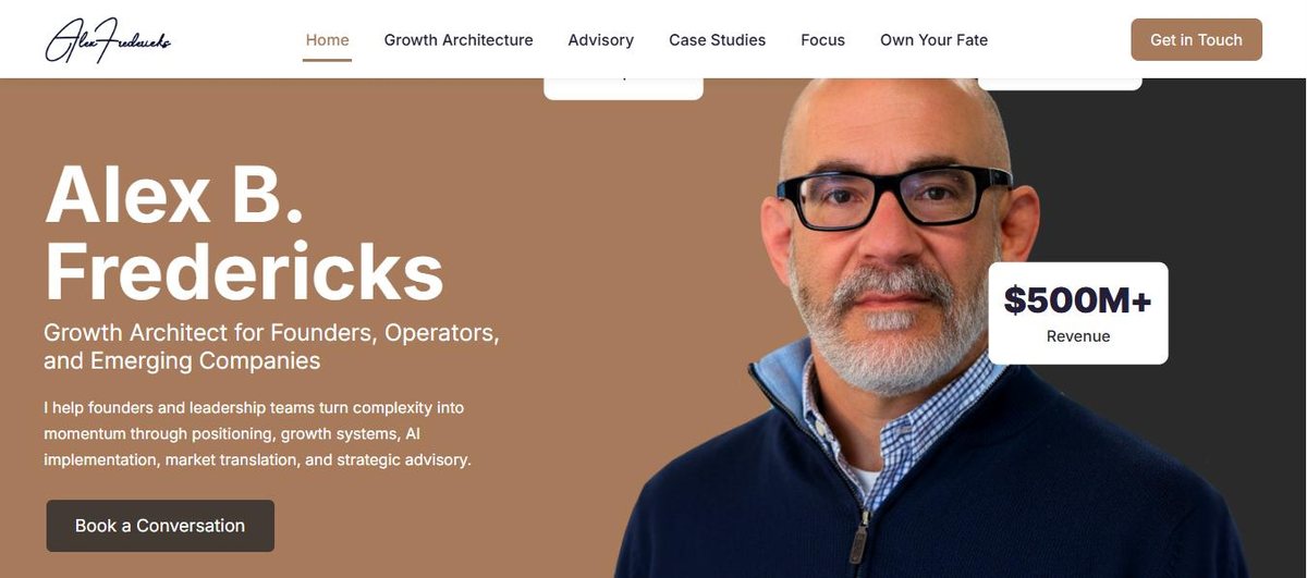 Alex B. Fredericks website homepage with track record shown beside the portrait