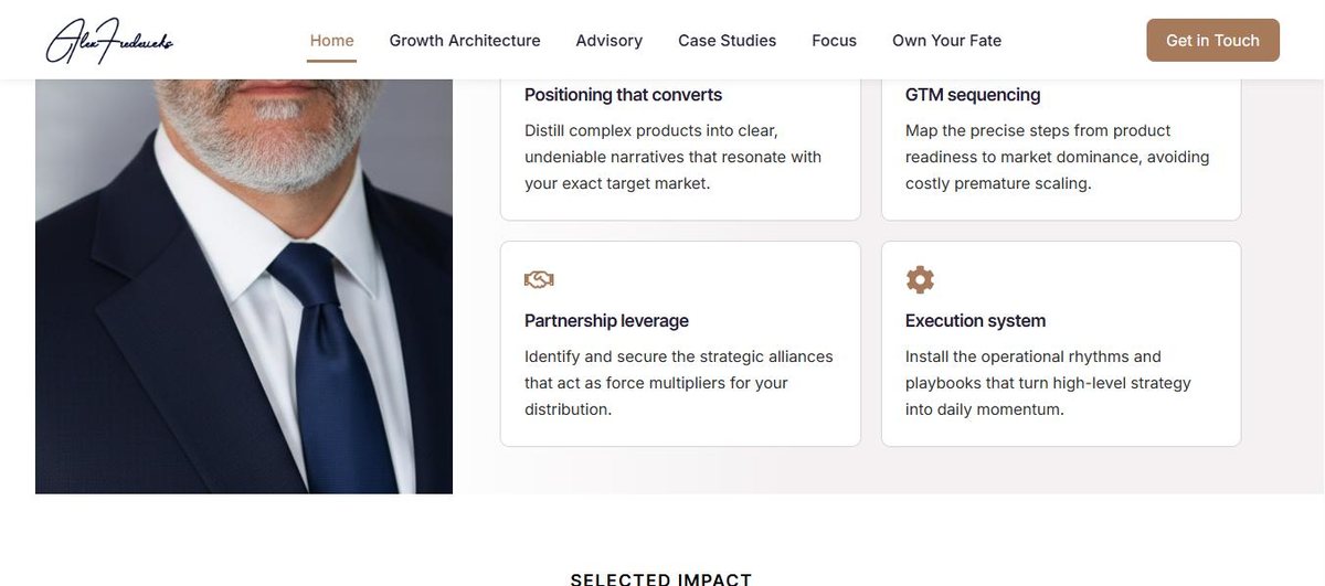 The four advisory service tiles on the Alex Fredericks website