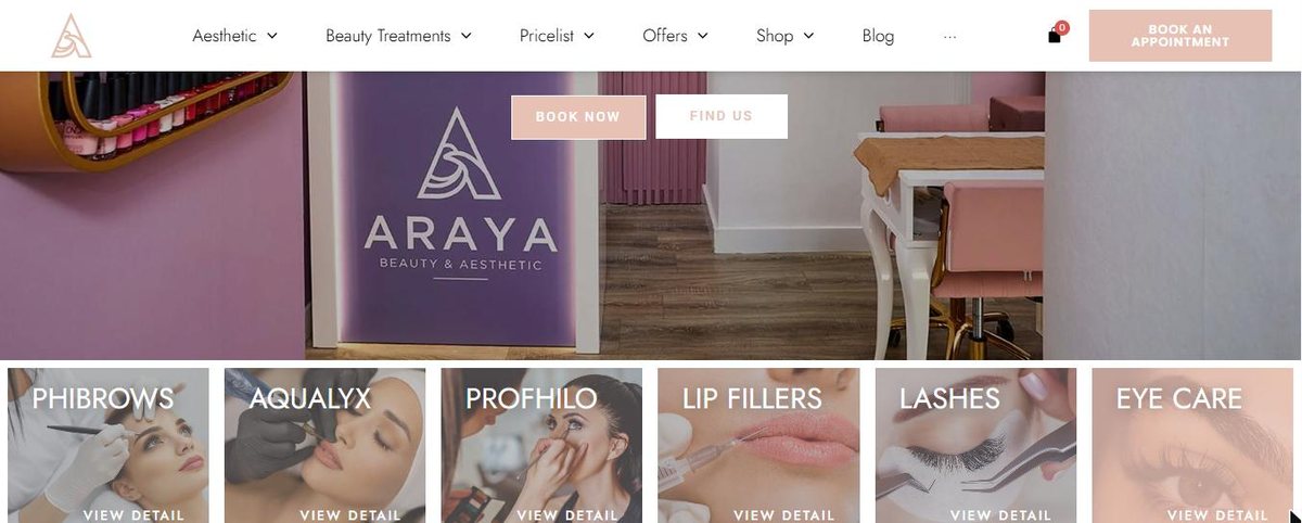 Araya Beauty website homepage with treatment category navigation