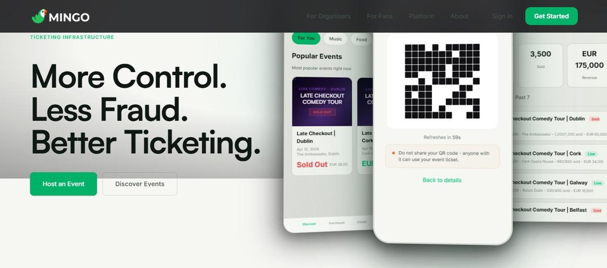 Mingo ticketing platform homepage showing the product interface