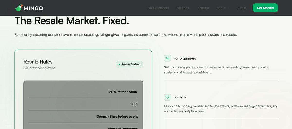 The resale rules section on the Mingo website