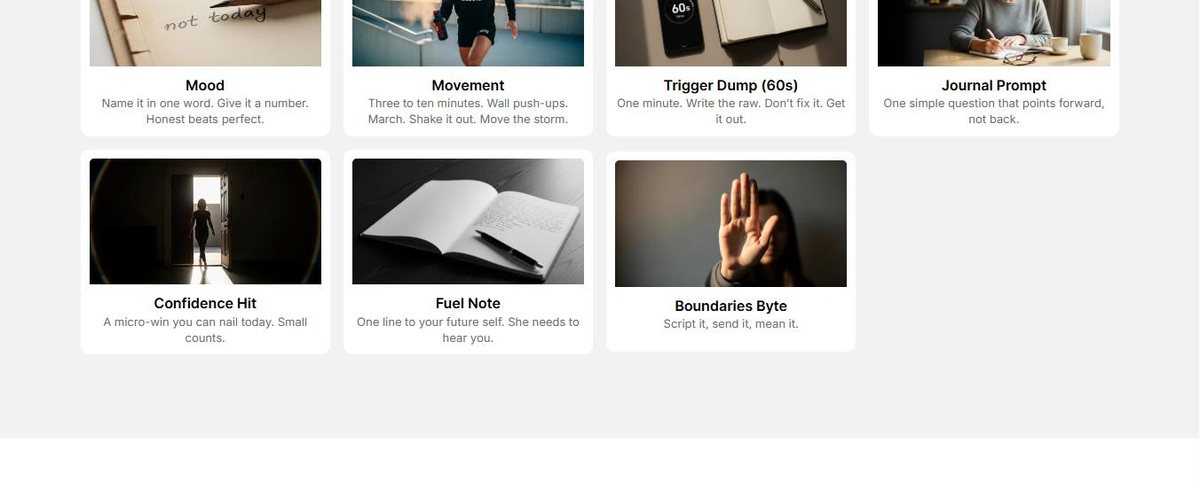 The seven daily practices laid out as cards on the Rage and Reps website