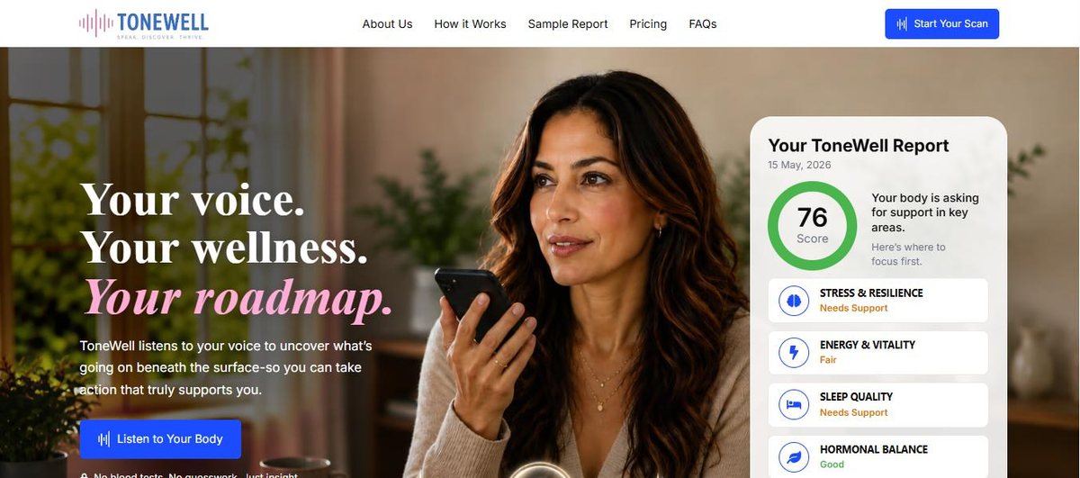ToneWell website homepage showing the live wellness report panel